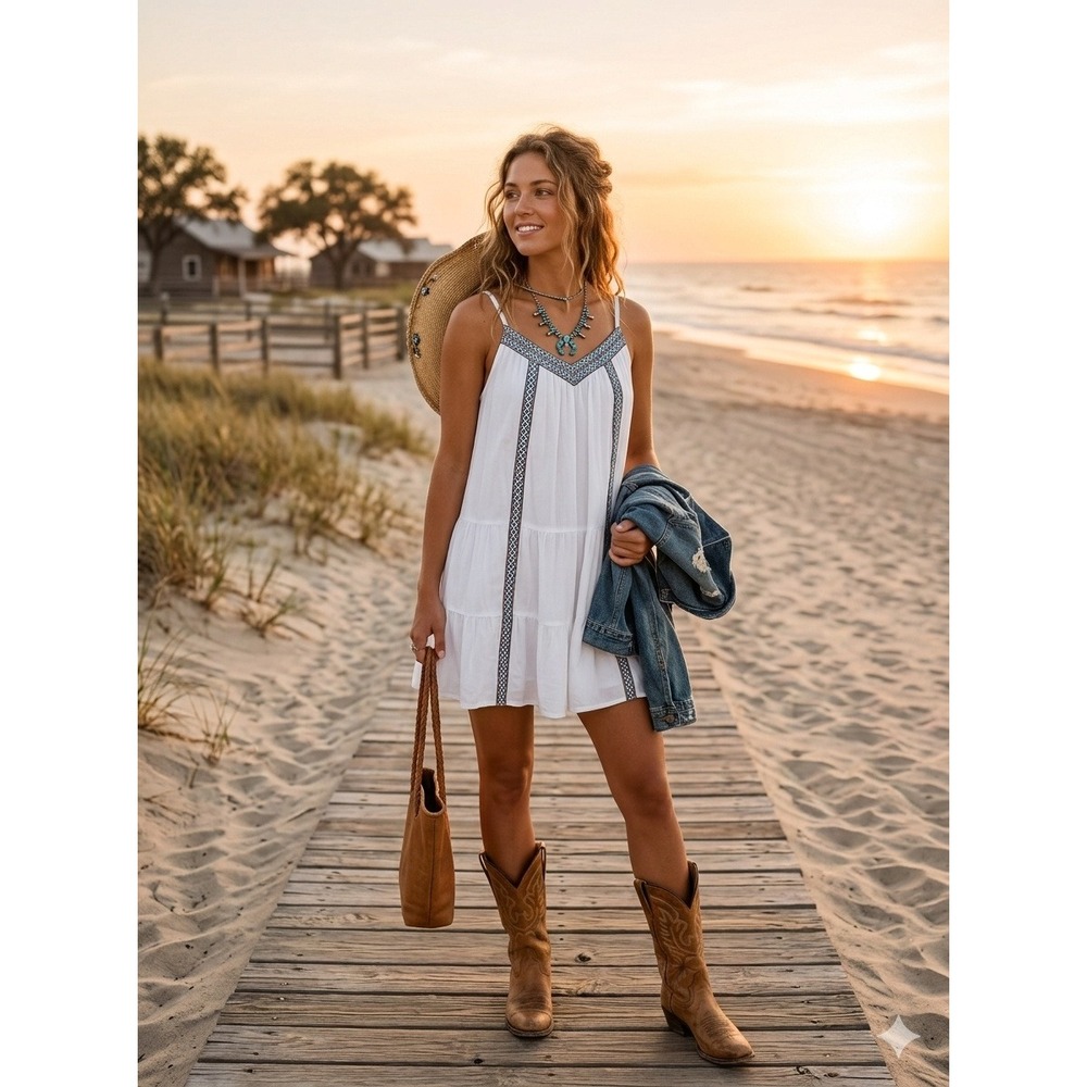 Entro Boho White Embroidered Cami Mini Dress Small Geometric Tribal Strappy Sun